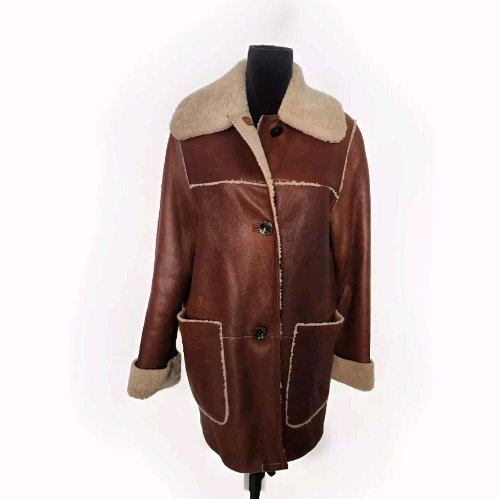 VTG Sheepskin Shearling Coat Women's 10 US 46 IT Brown Jacket Aviator EUC Italy